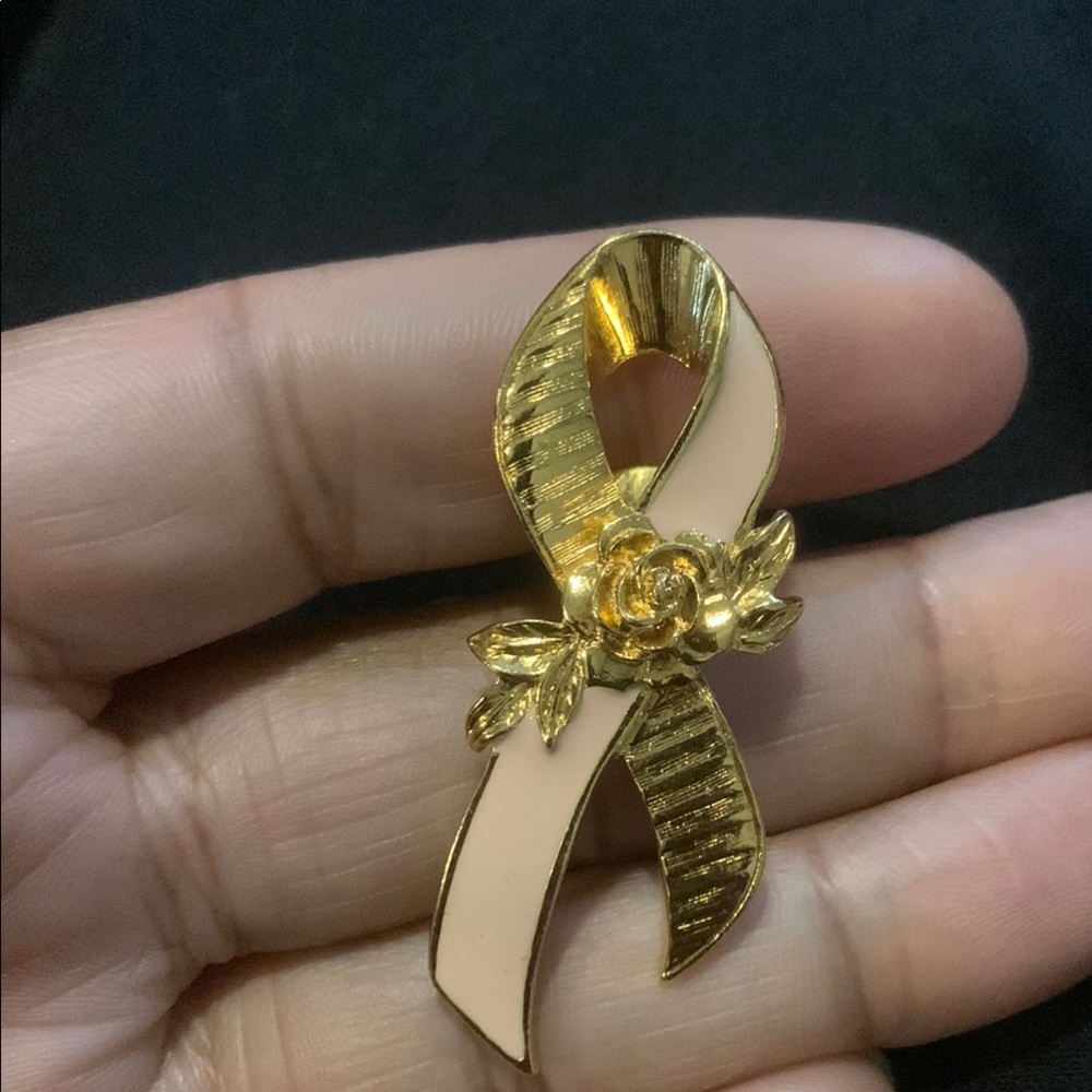Vintage Avon Gold and Pink Ribbon Brooch